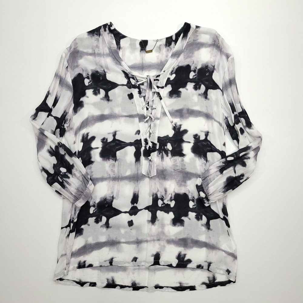 Young Fabulous Broke Blouse Women XS‎ Black Gray White Lace Up Tunic Boho Hippie